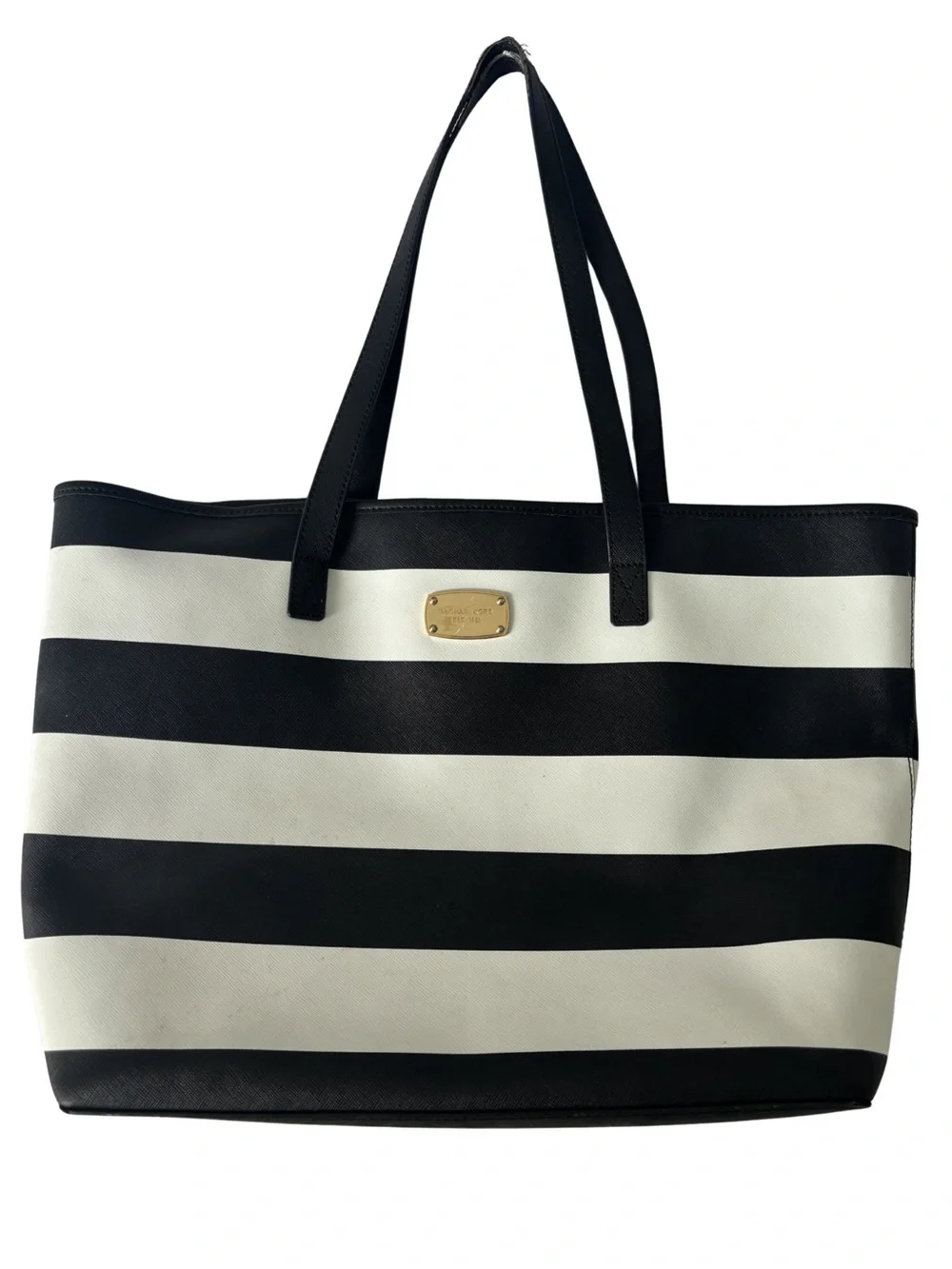 Michael Kors Jet Set Large Striped Saffiano Leather Tote Bag Black White